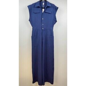 Glam Jumpsuit Womens Size L Navy Blue Sleeveless Utility Button Front